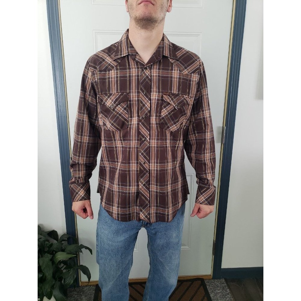90s Wrangler Brown and Blue Plaid Western Button‎ Down